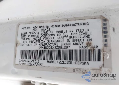 2003 Toyota Corolla S from USA, damaged, VIN 1NXBR32EX3Z081297